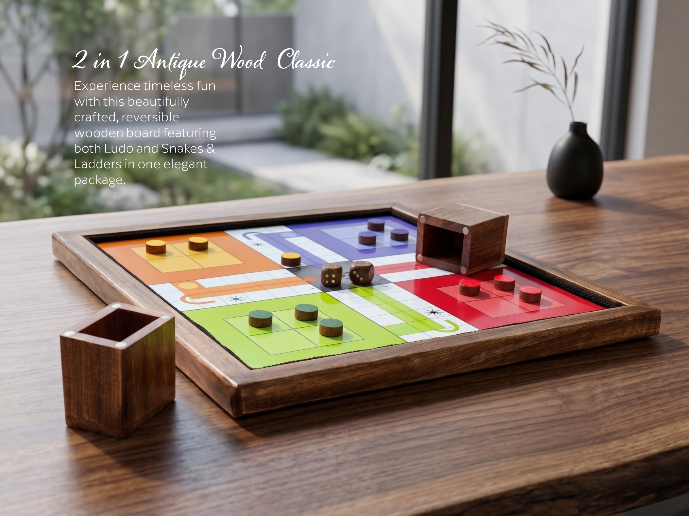 Wooden Ludo and Snakes & Ladders Board Game | 2-in-1, Reversible, Magnetic - Image 14