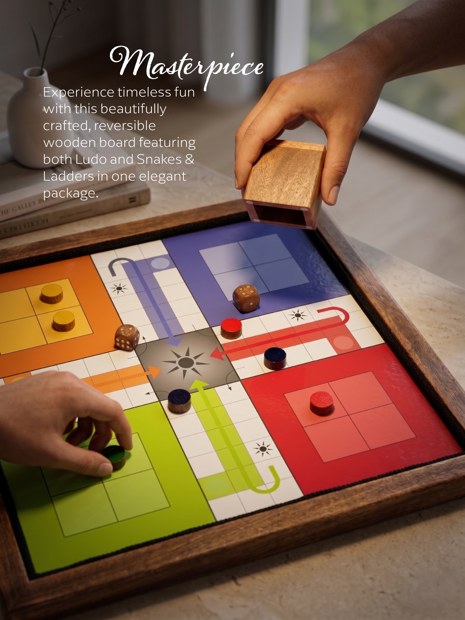 Wooden Ludo and Snakes & Ladders Board Game | 2-in-1, Reversible, Magnetic - Image 9