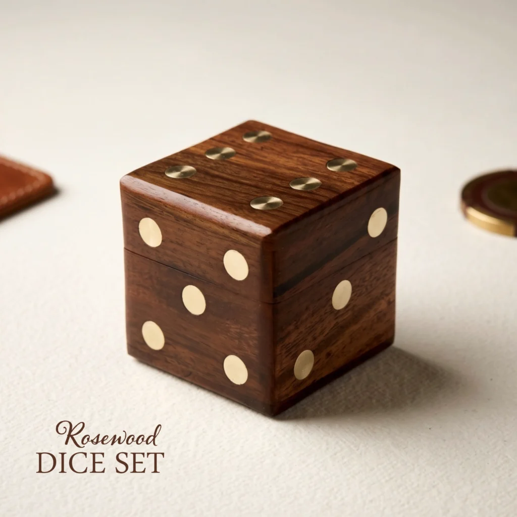 wooden dice box with five dices set