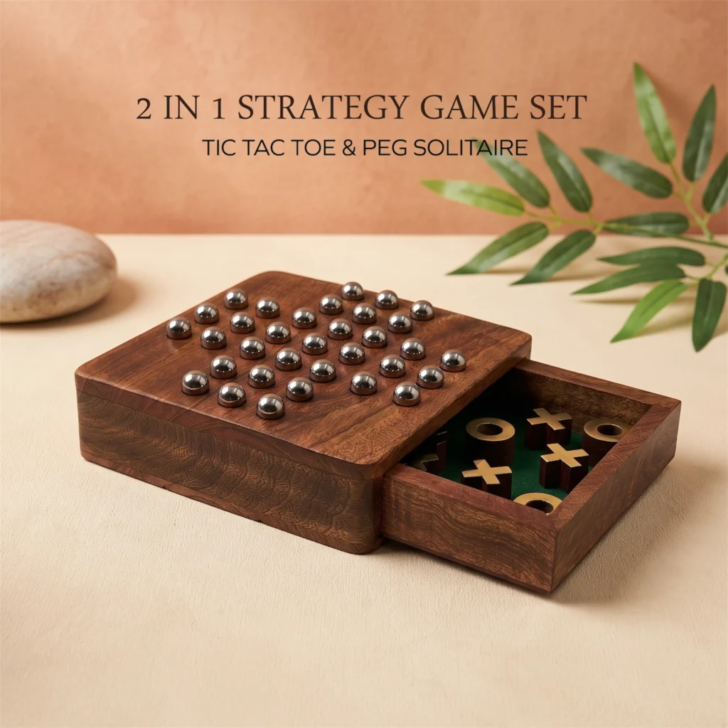 wooden tic tac toe cum peg solitaire two in one board game for kids and adults