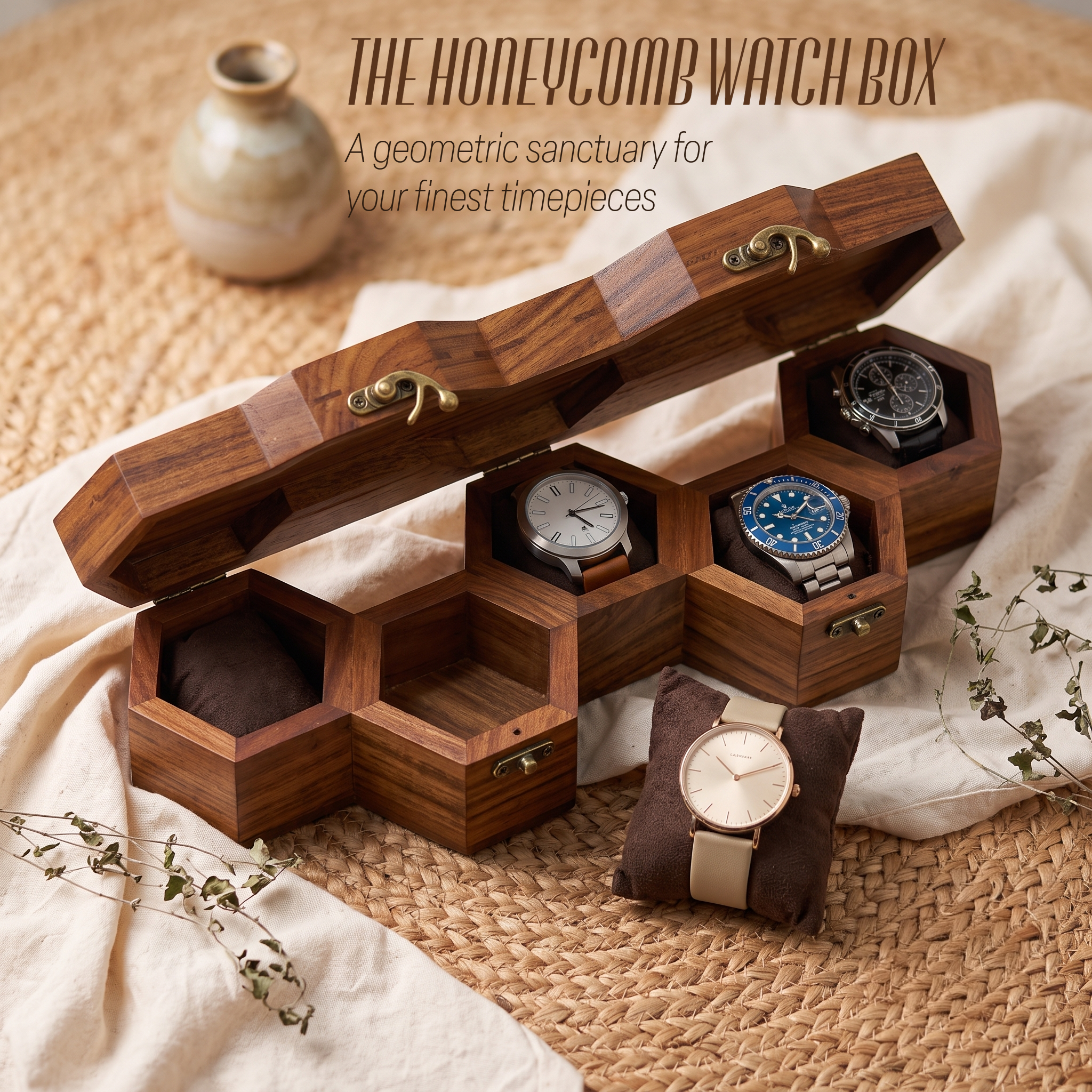 wooden watch box honeycomb 5 slots display case organizer gift for husband wife birthday anniversary wedding housewarming home decor luxury premium