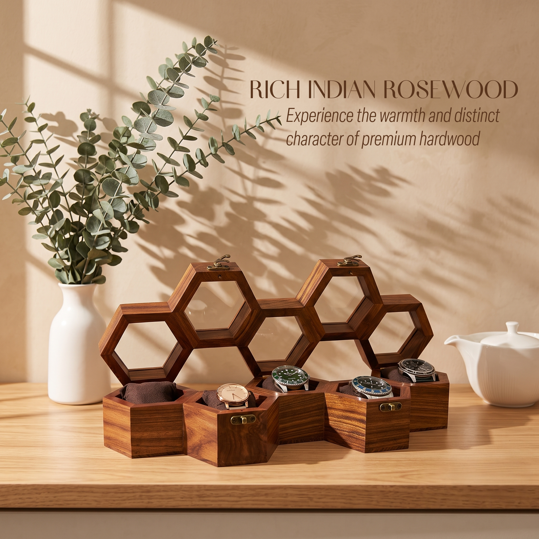 wooden watch box honeycomb 5 slots display case organizer gift for husband wife birthday anniversary wedding housewarming home decor luxury premium