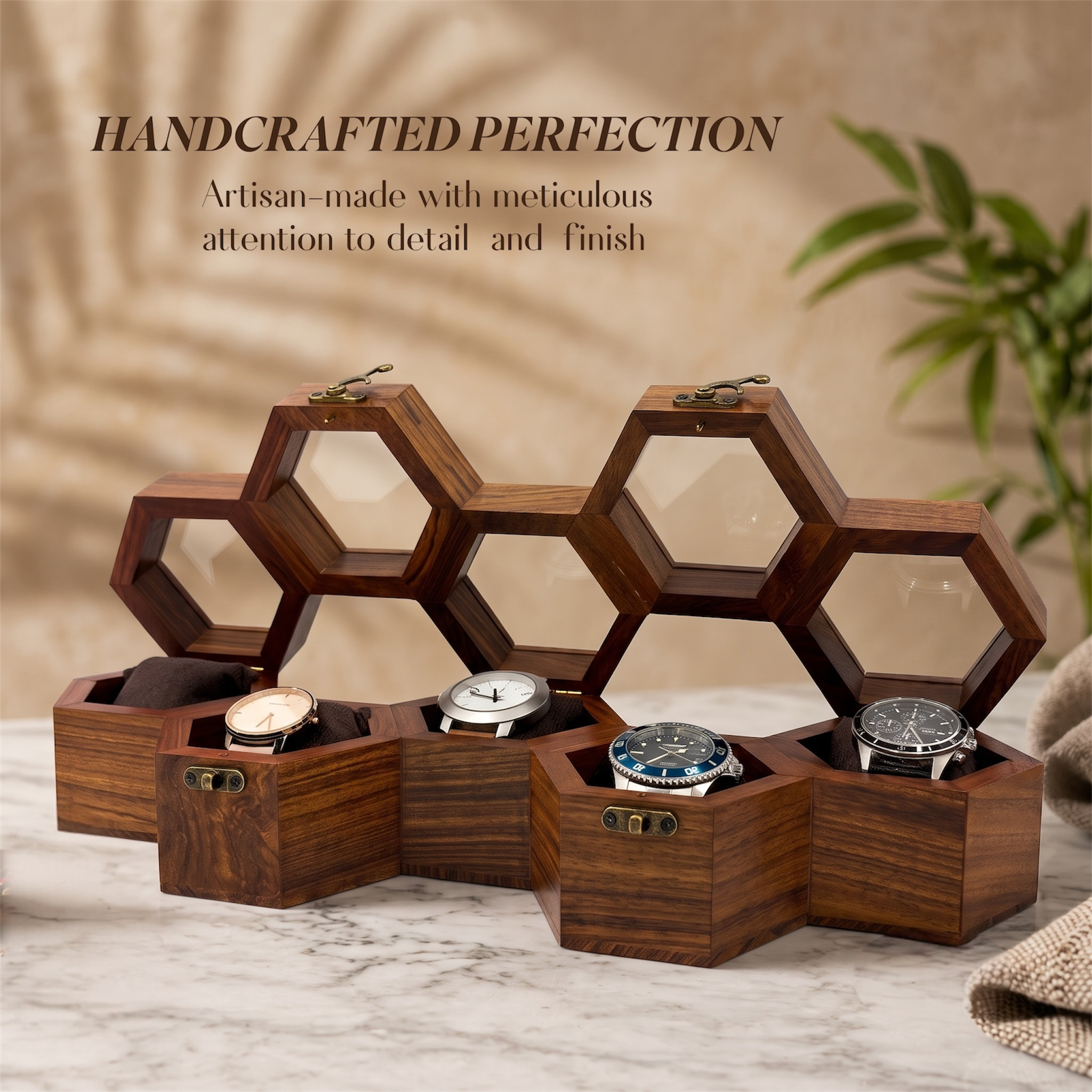 wooden watch box honeycomb 5 slots display case organizer gift for husband wife birthday anniversary wedding housewarming home decor