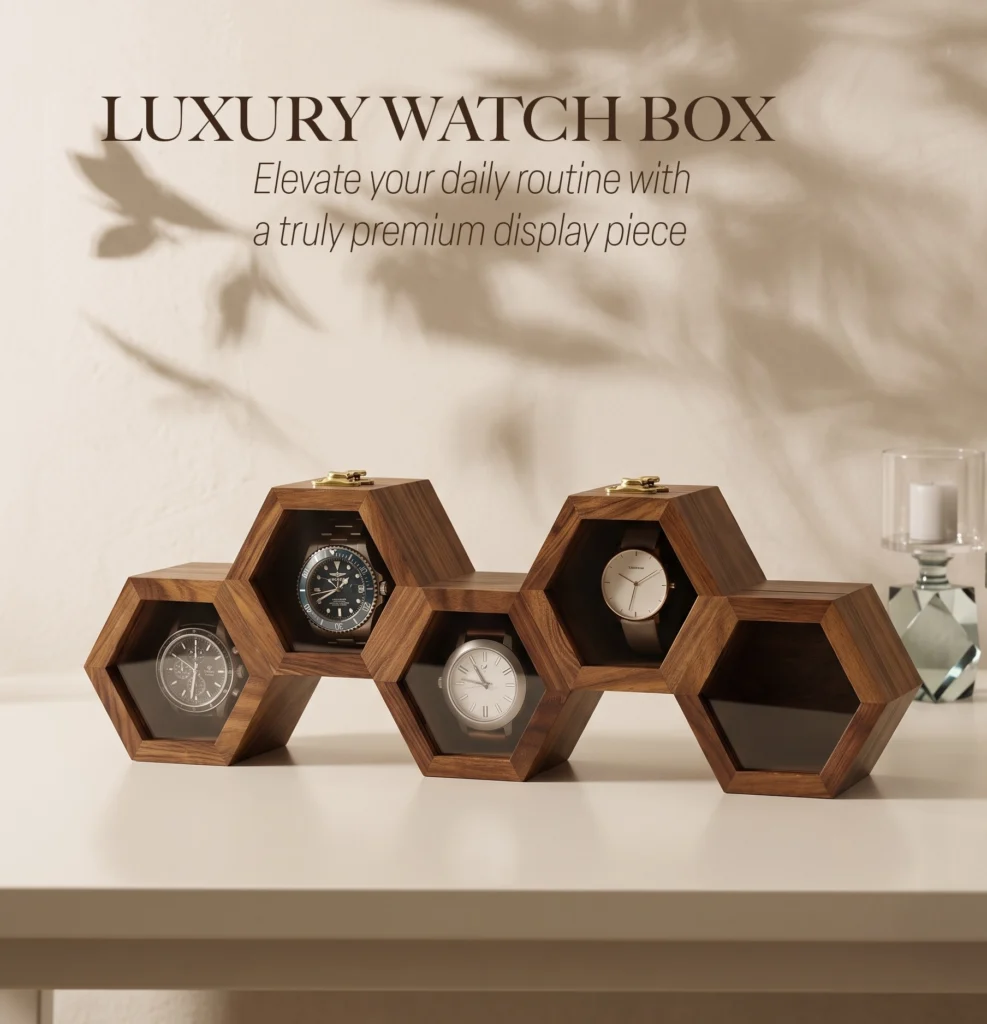 wooden watch box honeycomb 5 slots display case organizer gift for husband wife birthday anniversary wedding housewarming home decor luxury premium