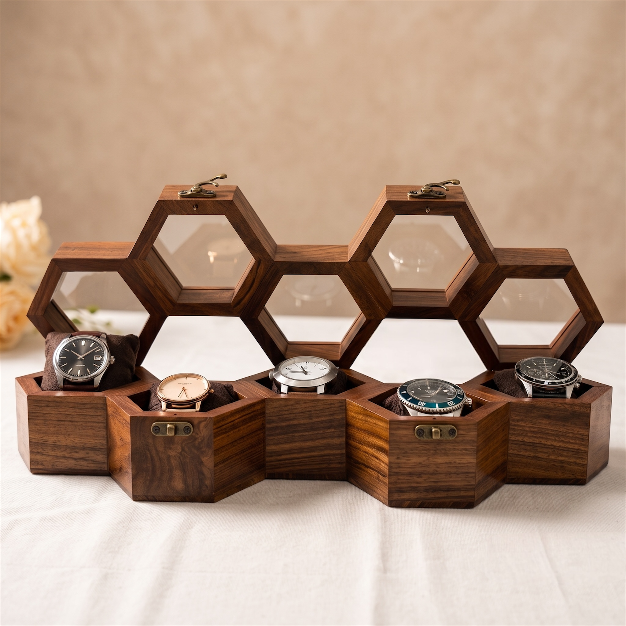 wooden watch box honeycomb 5 slots display case organizer gift for husband wife birthday anniversary wedding housewarming home decor