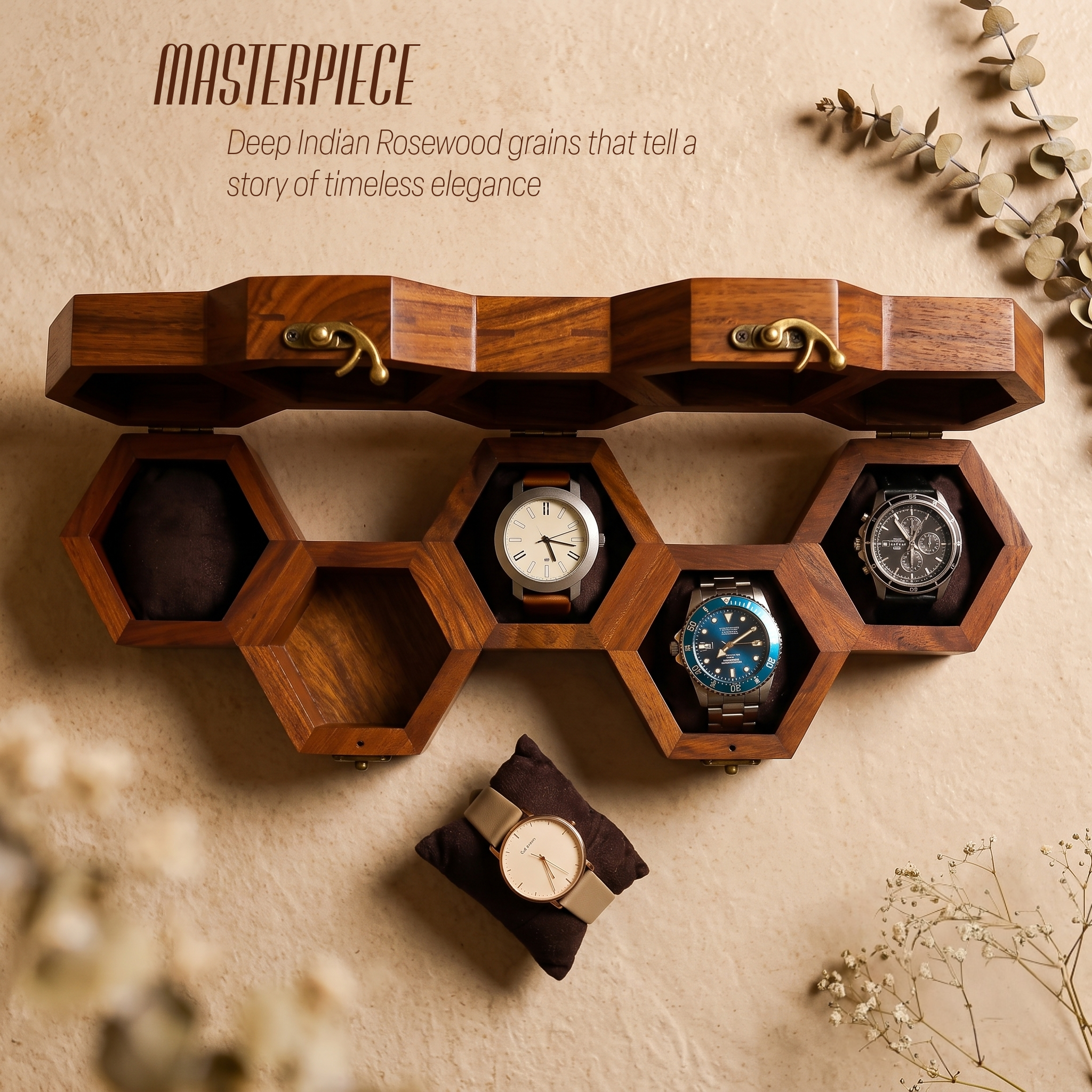wooden watch box honeycomb 5 slots display case organizer gift for husband wife birthday anniversary wedding housewarming home decor