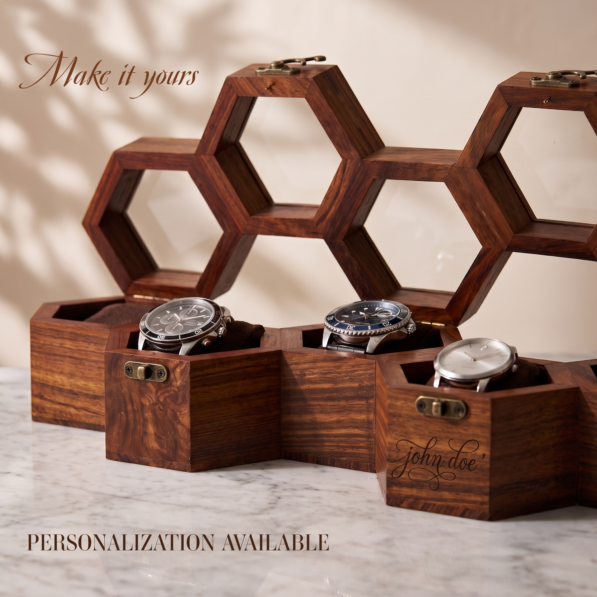 wooden watch box honeycomb 5 slots display case organizer gift for husband wife birthday anniversary wedding housewarming home decor