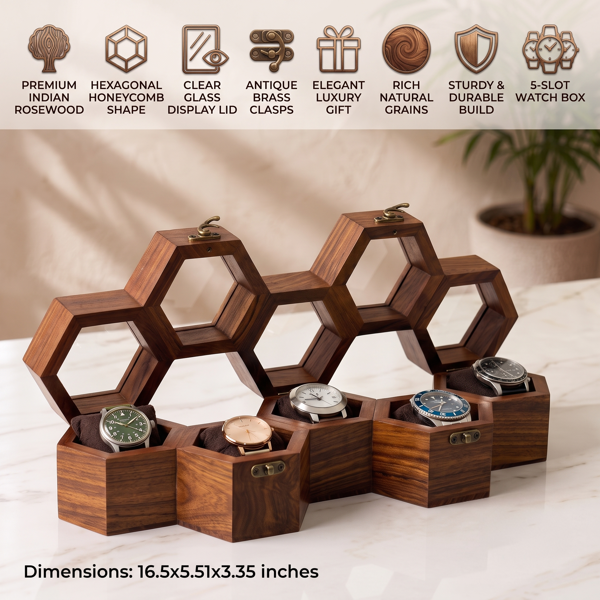 wooden watch box honeycomb 5 slots display case organizer gift for husband wife birthday anniversary wedding housewarming home decor