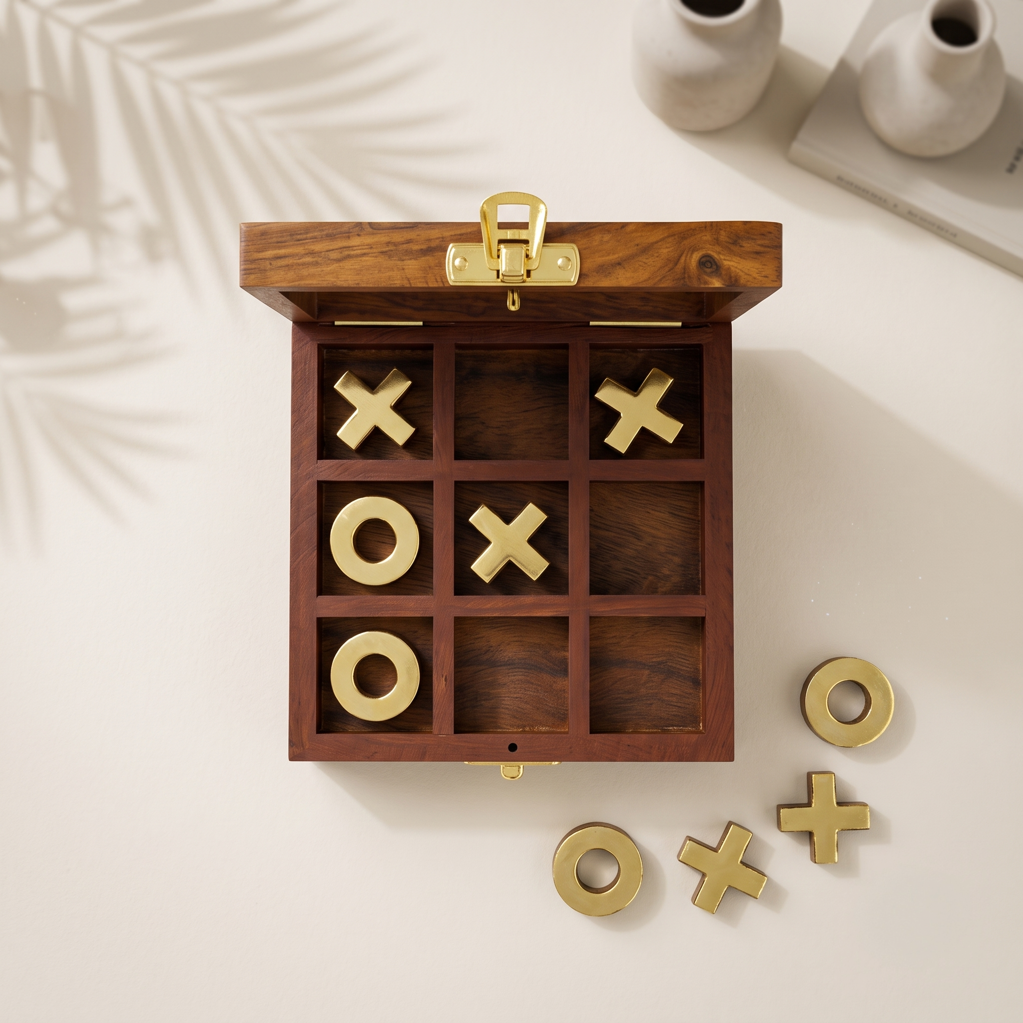 brass inlaid wooden tic tac toe family game night