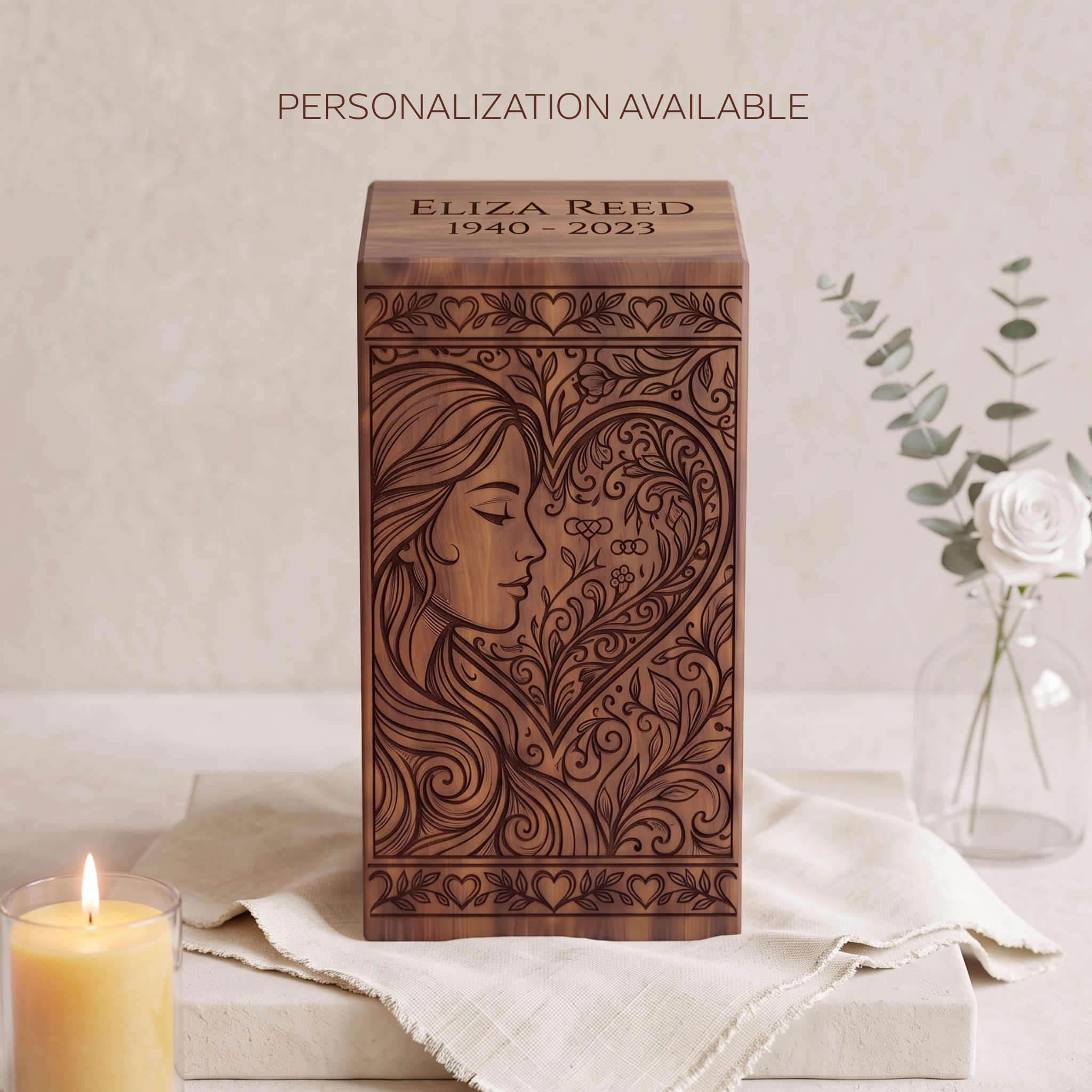 Personalized Wooden Urn for Human Ashes, Custom Cremation Box for Women, Female Memorial Keepsake - Image 4