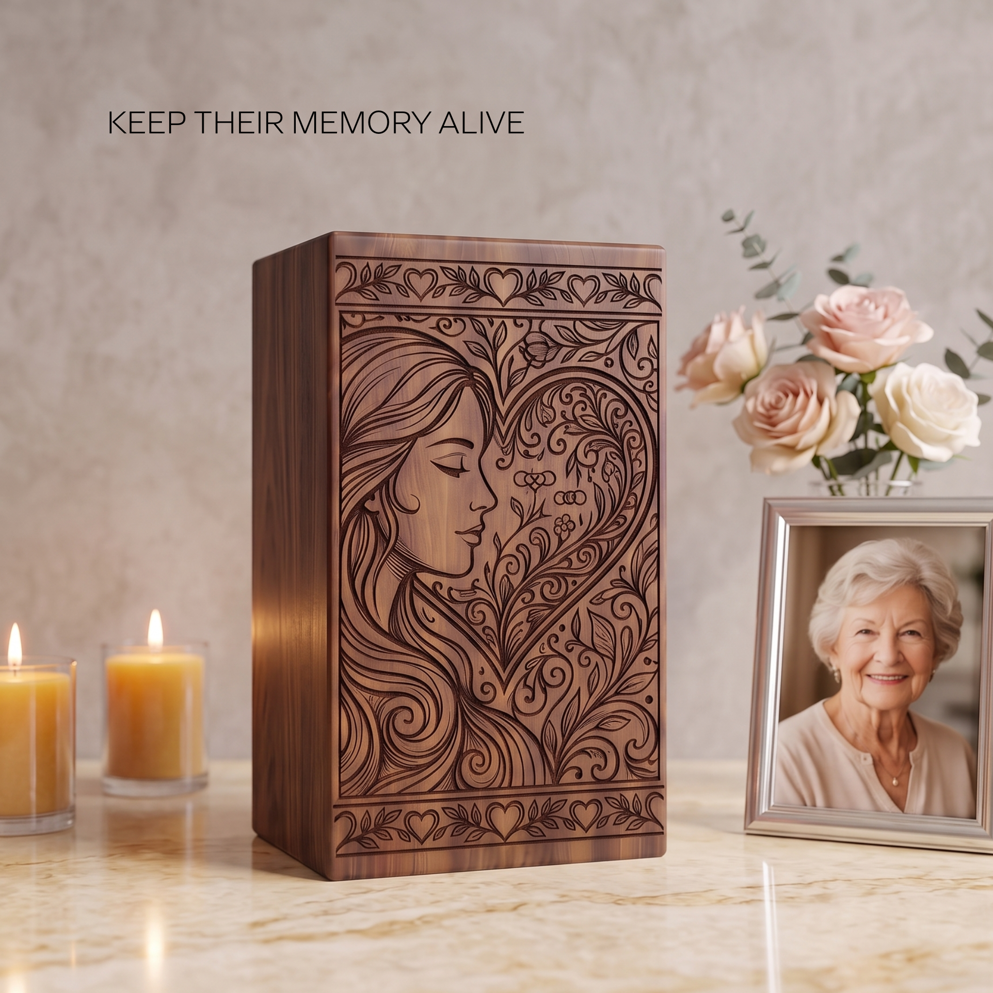 Personalized Wooden Urn for Human Ashes, Custom Cremation Box for Women, Female Memorial Keepsake - Image 2